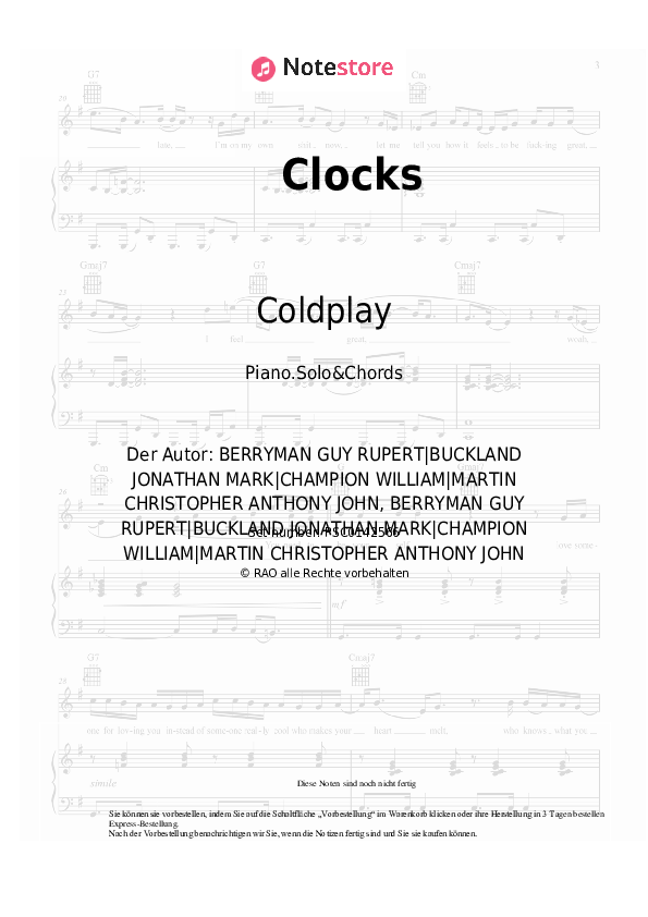 Coldplay Clocks Klaviernoten bei NoteStore.de Klavier.Solo&Akkorde