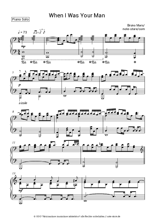 When I Was Your Man Bruno Mars noten pdf (solo) klavier NoteStore.de