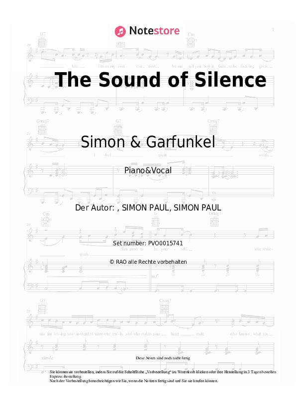 Simon & Garfunkel The Sound of Silence noten gesang pdf klavier Note