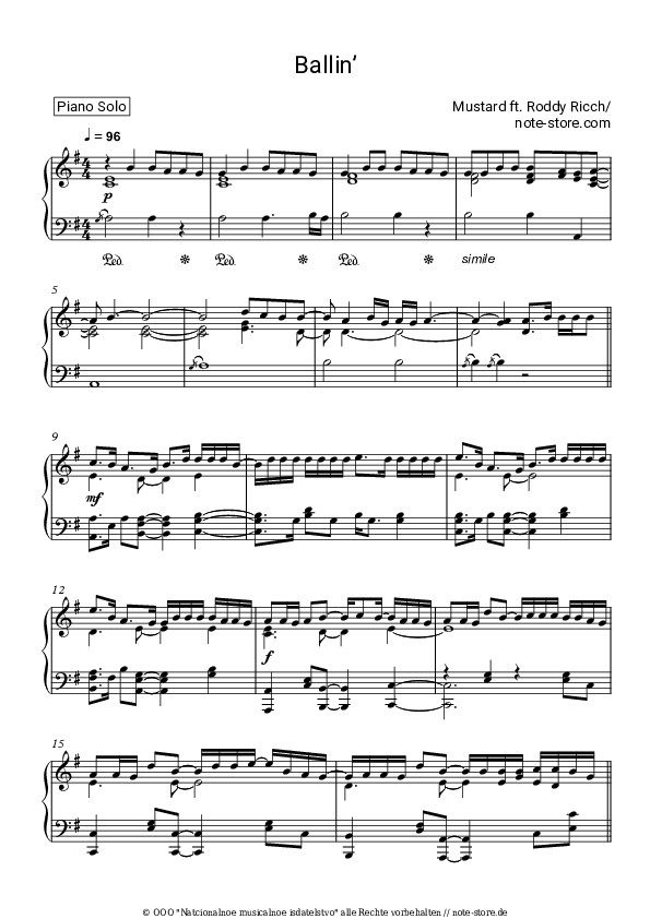 Mustard, Roddy Ricch Ballin’ noten pdf (solo) klavier NoteStore.de Klavier.Solo SKU PSO0017532
