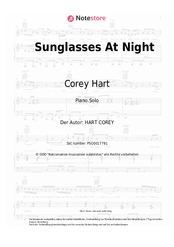 Corey Hart Sunglasses At Night noten pdf (solo) klavier NoteStore.de