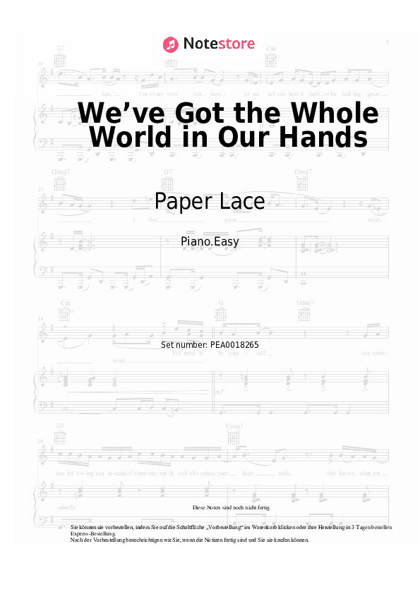 Paper Lace We’ve Got the Whole World in Our Hands Klaviernoten bei