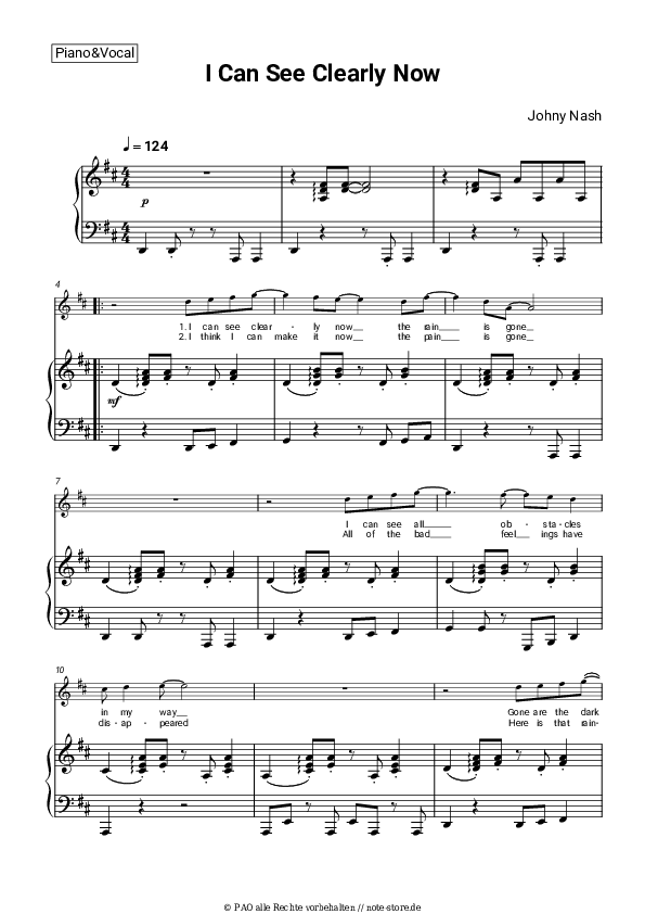Johnny Nash I Can See Clearly Now Klaviernoten bei NoteStore.de