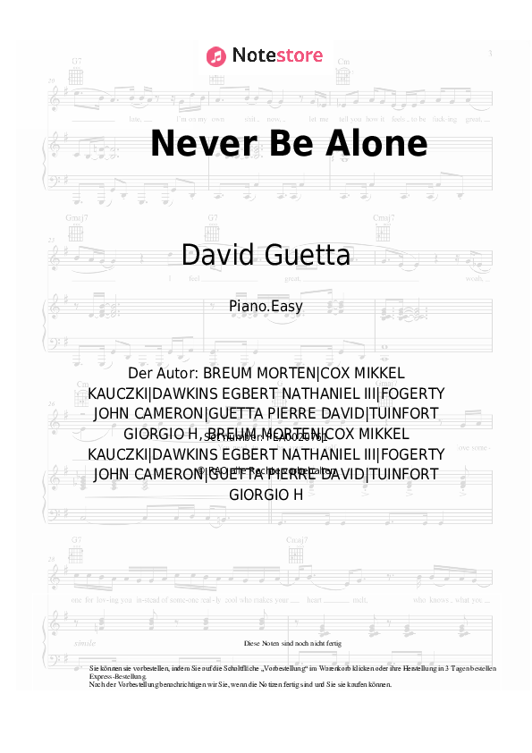David Guetta, Aloe Blacc, MORTEN Never Be Alone Noten für Piano