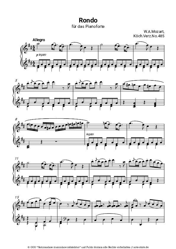 Wolfgang Amadeus Mozart Rondo in D major, K. 485 Klaviernoten in Note