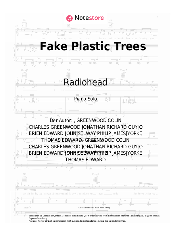 Radiohead Fake Plastic Trees Noten für Piano downloaden für Anfänger