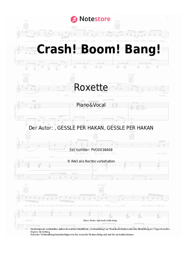 Crash! Boom! Bang! Roxette noten gesang pdf klavier NoteStore.de