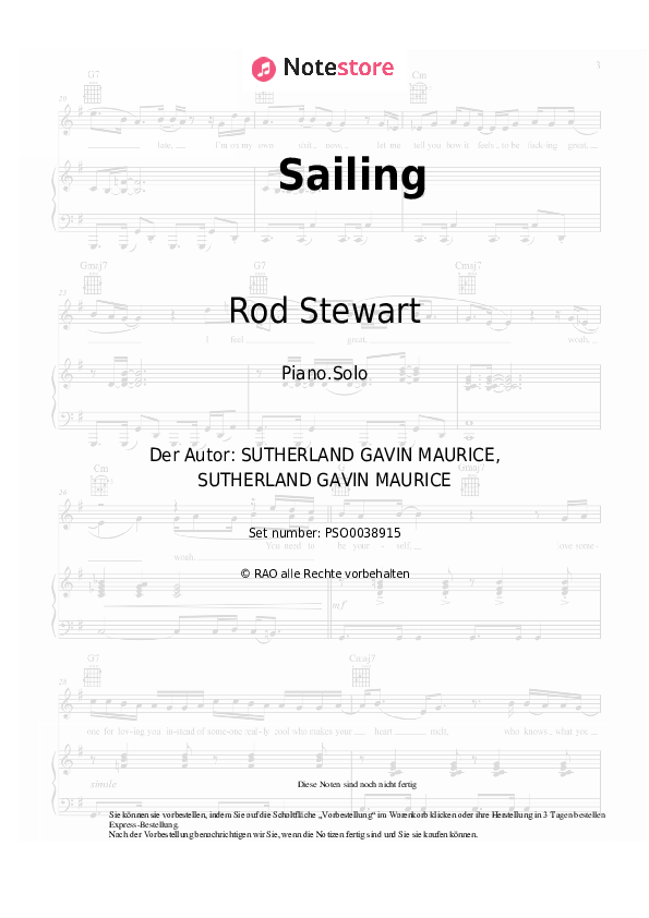 Sailing Rod Stewart noten pdf (solo) klavier NoteStore.de Klavier