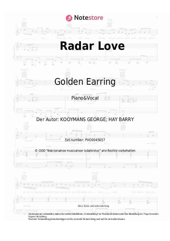 Golden Earring Radar Love Noten für Piano downloaden für Anfänger