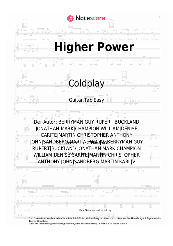 Higher Power Coldplay chords tabs gitarre NoteStore.de Gitarre