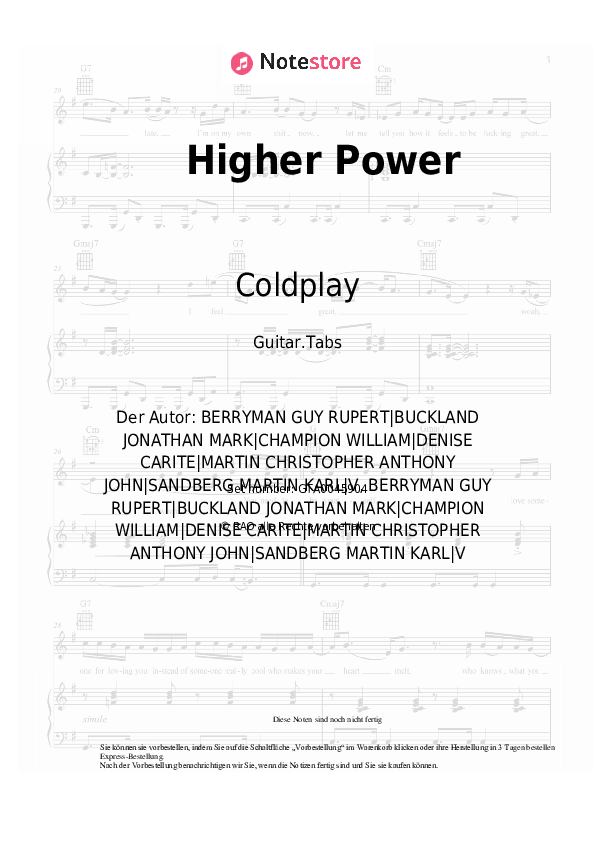 Coldplay Higher Power chords tabs gitarre NoteStore.de Gitarre.Tabs SKU GTA0045904
