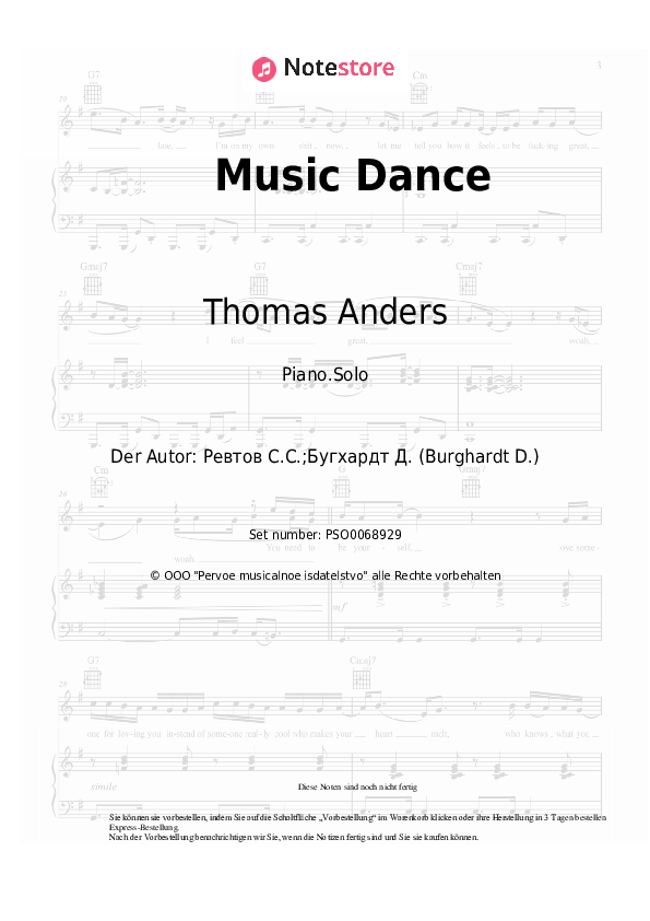 Thomas Anders Music Dance Klaviernoten bei NoteStore.de Klavier