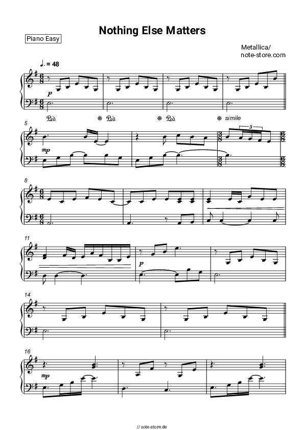 Nothing Else Matters Metallica noten pdf (einfach) klavier NoteStore