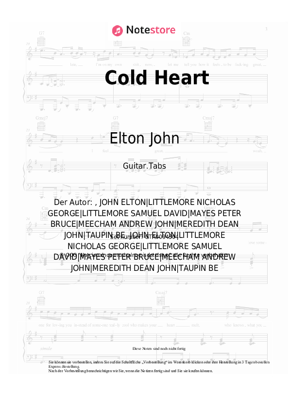 Elton John, Dua Lipa Cold Heart Akkorde, GitarrenTabs bei NoteStore