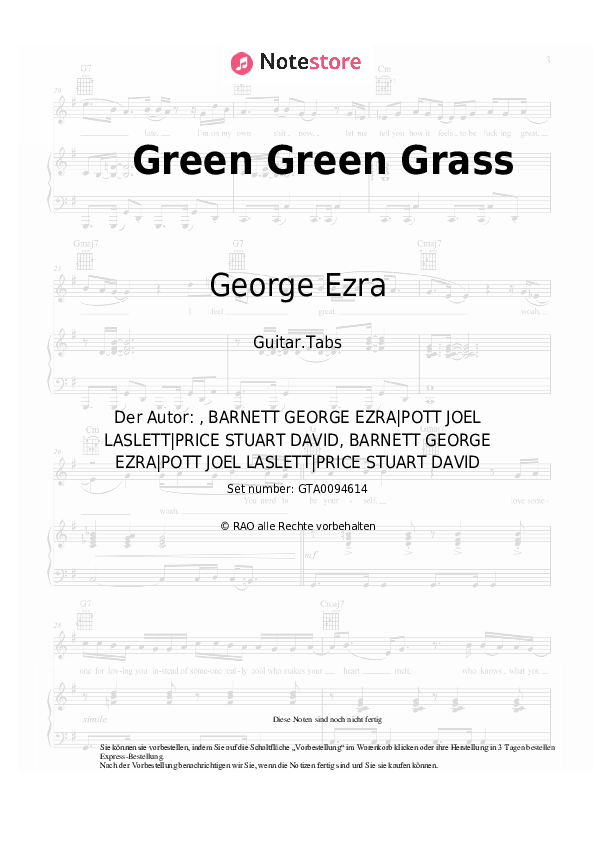 Ezra Green Green Grass Akkorde, Tabulatur für die Gitarre in