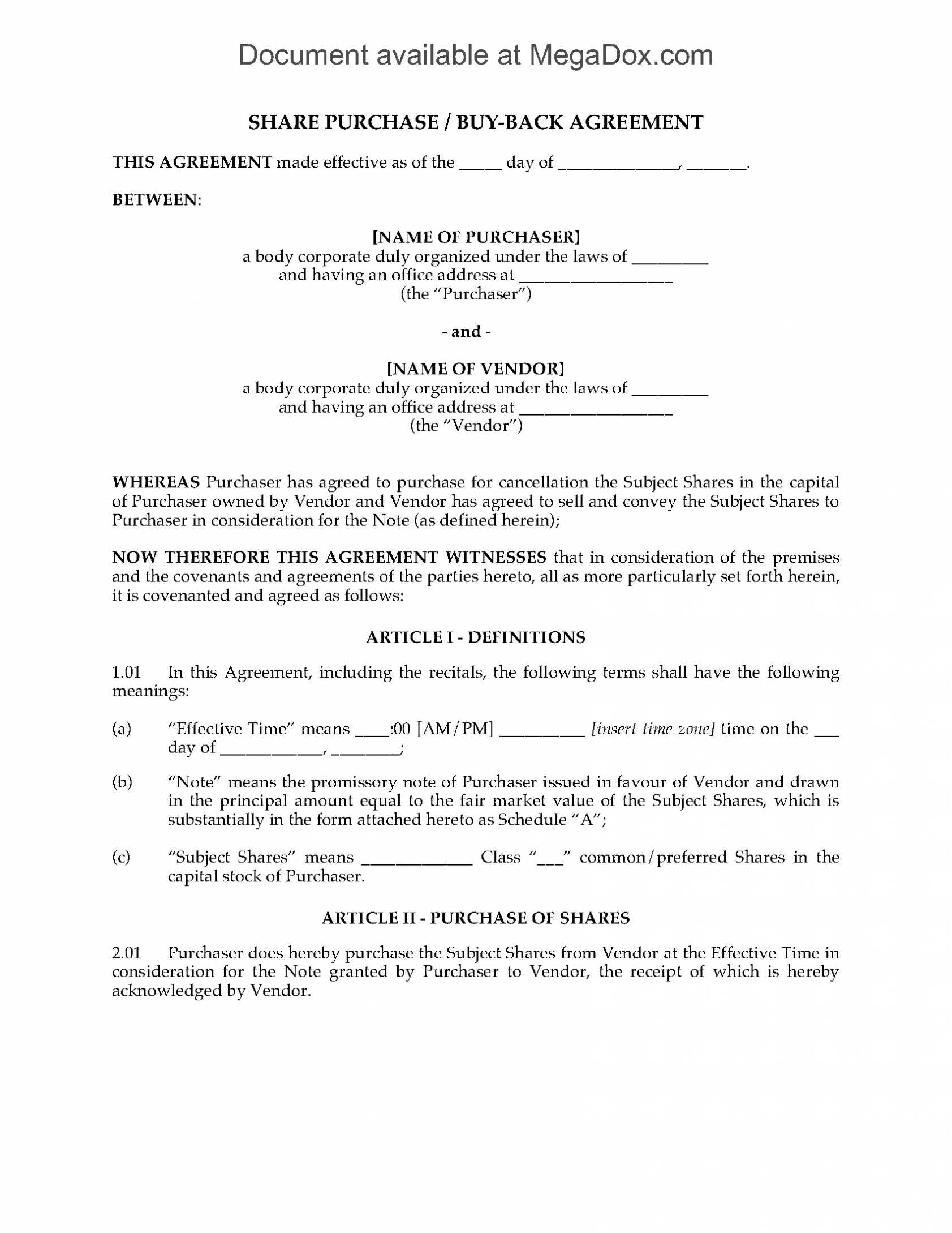 Share Buy Back Agreement Template