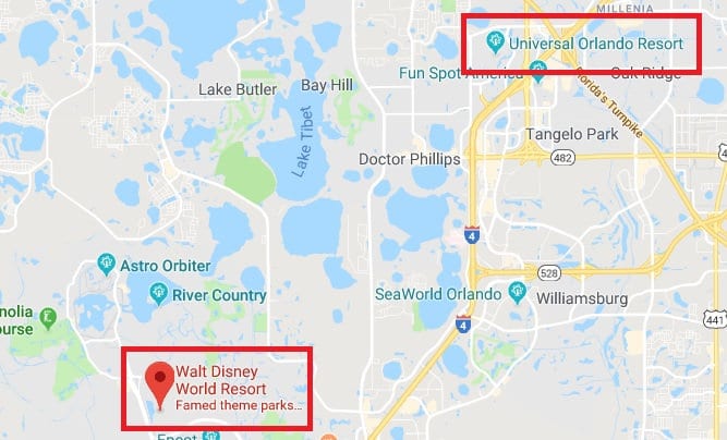 How far is Walt Disney World from Universal Studios Florida? Notes
