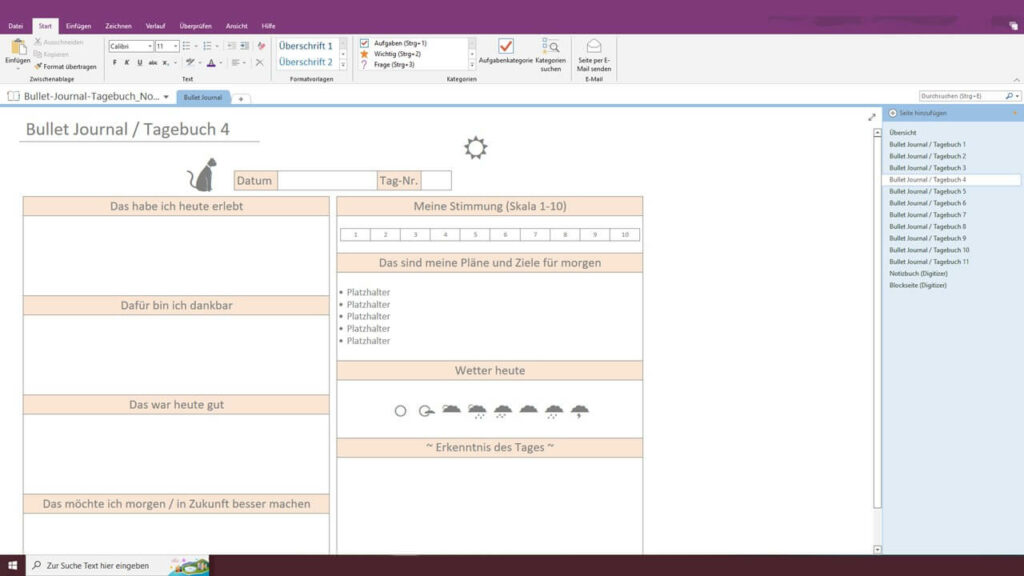 OneNote Bullet Journal / Tagebuch Vorlage NoteVorlagen.de