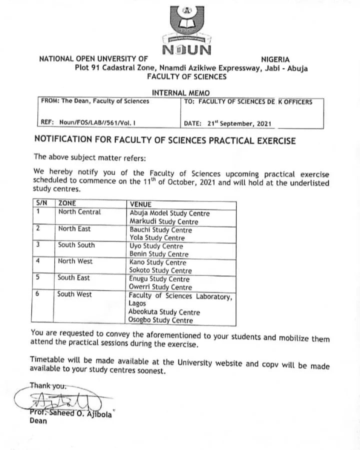 Latest NOUN Update (22nd September 2021) NounGeeks