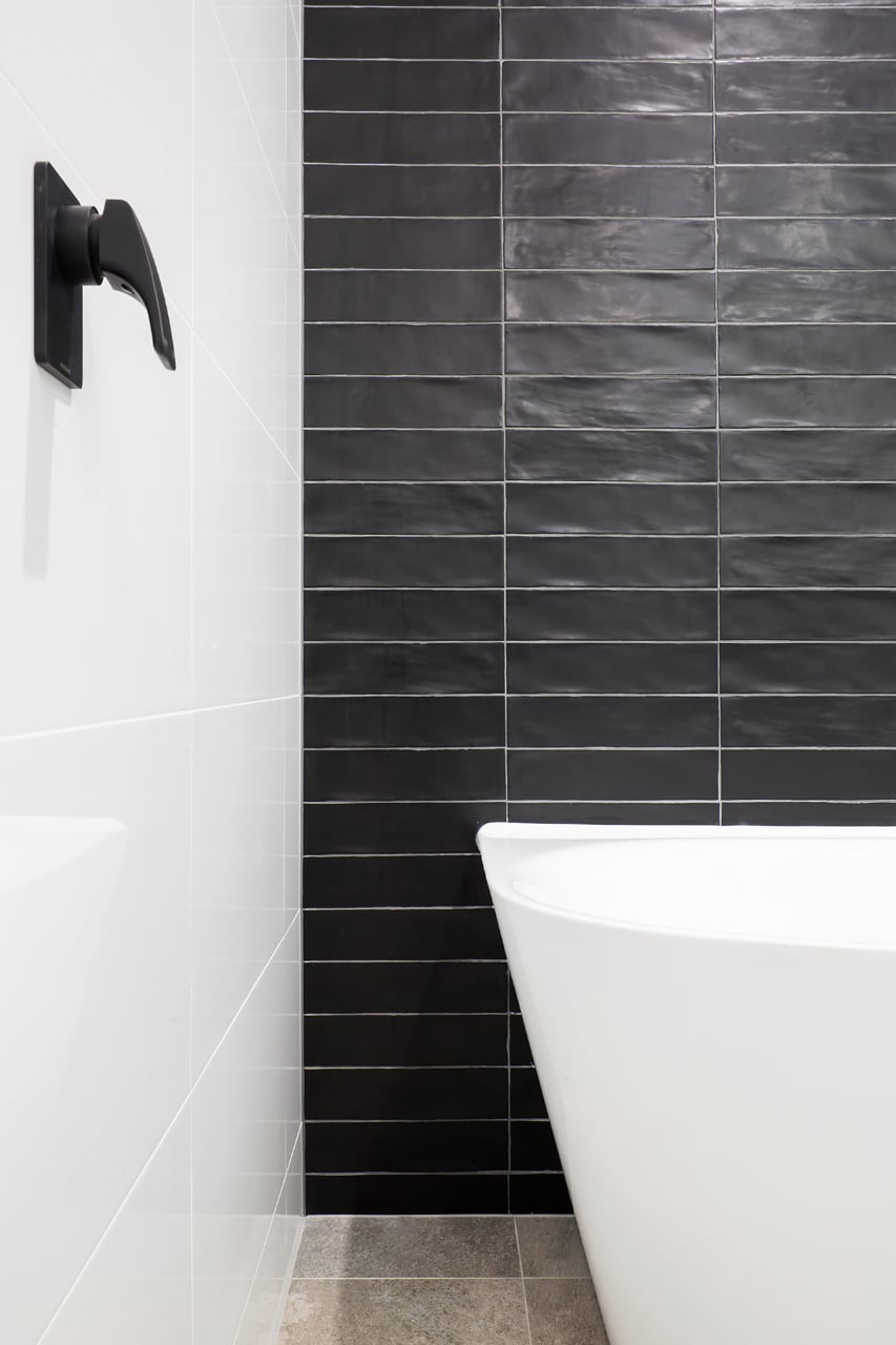 Bathroom with Black Tile Feature Wall Nouvelle Designer Kitchens