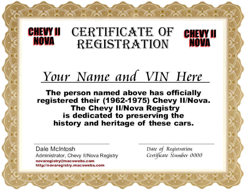 © CHEVY II/NOVA SHOWCASE/REGISTRY Certificate