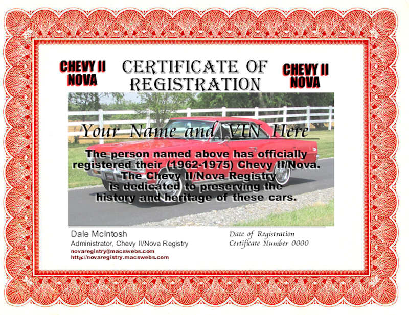 © CHEVY II/NOVA SHOWCASE/REGISTRY Certificate