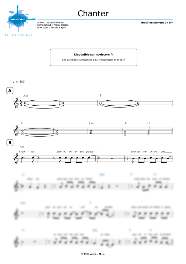 Partition Chanter (Florent Pagny) partition facile Noviscore