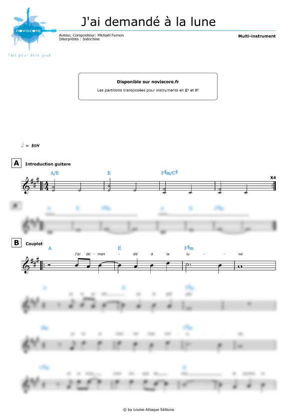 Partition J'ai demandé à la lune (Indochine) partition facile