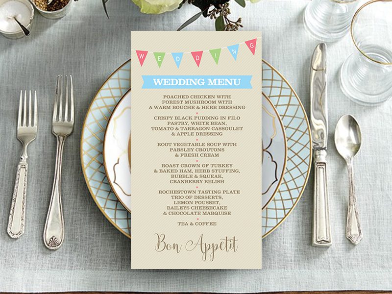 Light Rustic Bunting Wedding Menu Now and Forever