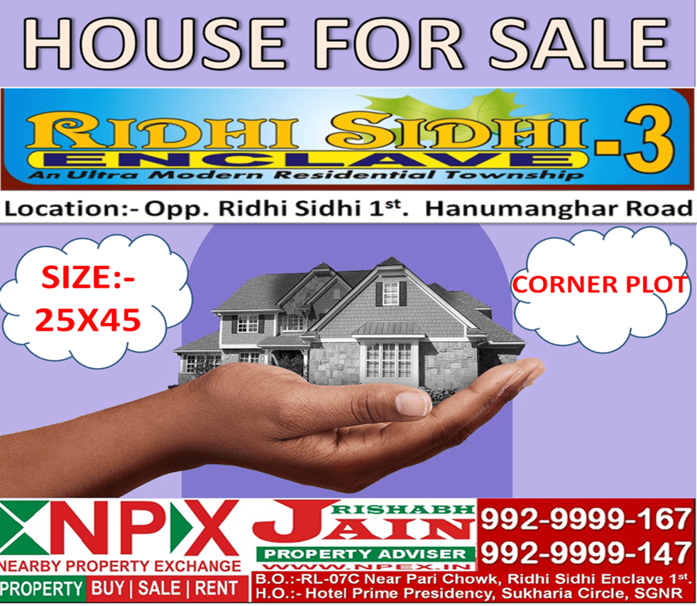 CORNER HOUSE FOR SALE IN RIDHI SIDHI 3rd. NPEX Nearby Property Exchange