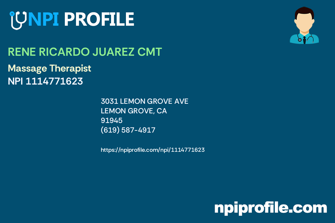 RENE RICARDO JUAREZ CMT, NPI 1114771623 Massage Therapist in Lemon