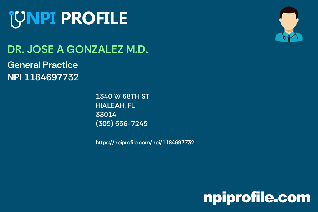DR. JOSE A GONZALEZ M.D., NPI 1184697732 General Practice in Hialeah, FL