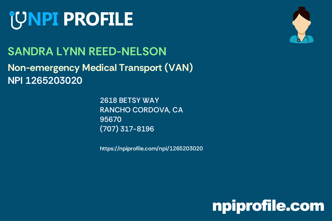 SANDRA LYNN REEDNELSON, NPI 1265203020 Nonemergency Medical Transport (VAN) in Rancho