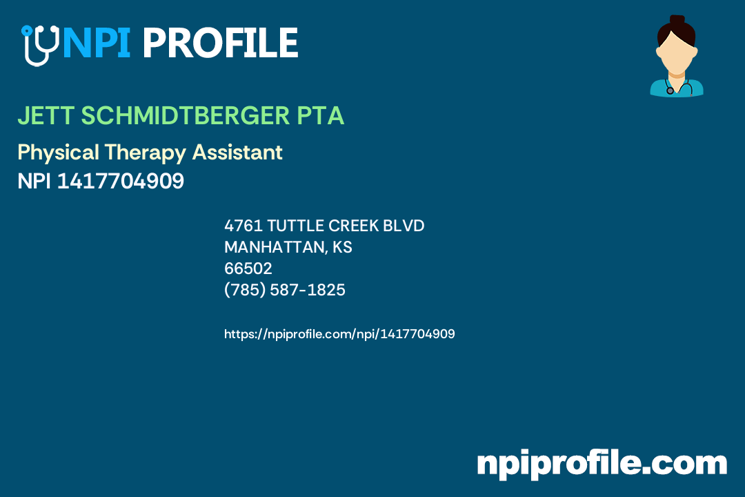 JETT SCHMIDTBERGER PTA, NPI 1417704909 Physical Therapy Assistant in