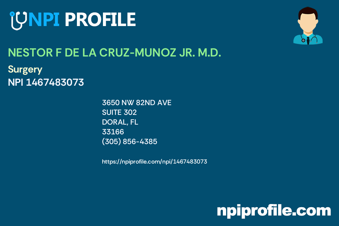 NESTOR F DE LA CRUZ MUNOZ JR. M.D., NPI 1467483073 Surgery in Doral, FL