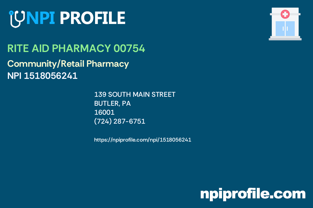 RITE AID PHARMACY 00754, NPI 1518056241 Pharmacy in Butler, PA