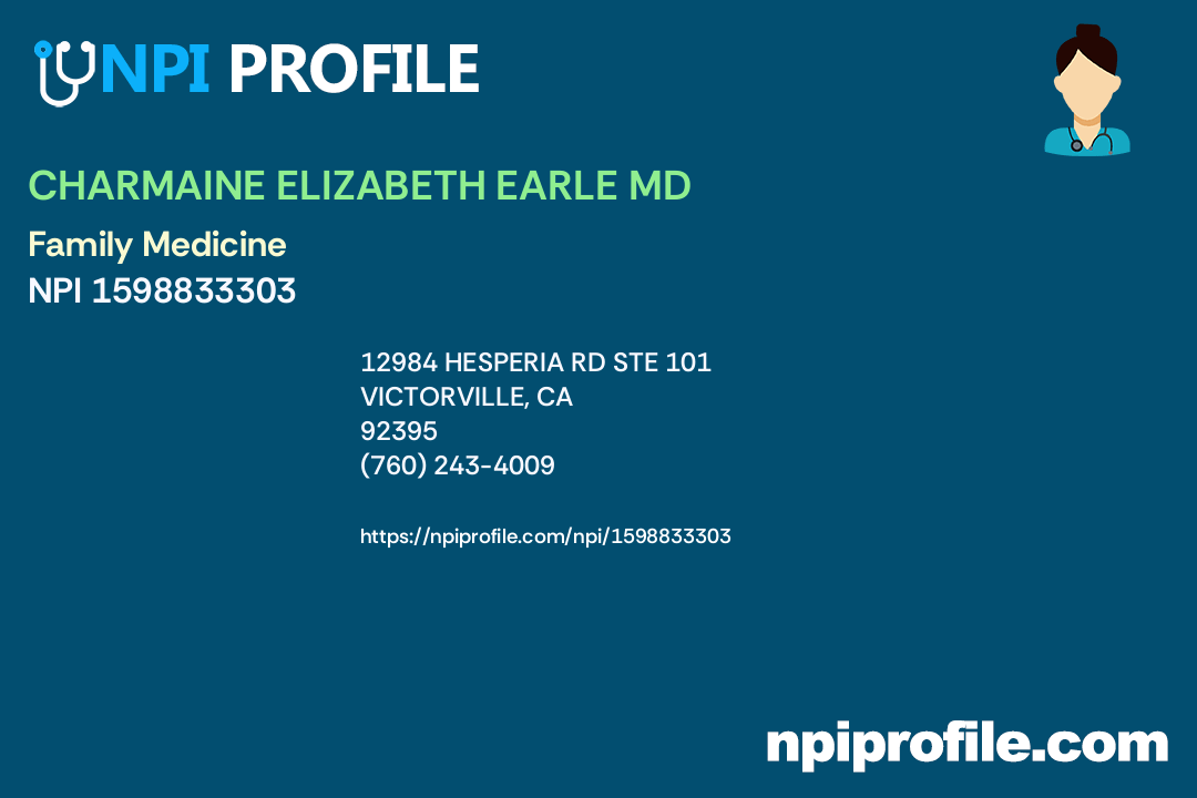 CHARMAINE ELIZABETH EARLE MD, NPI 1598833303 Family Medicine in