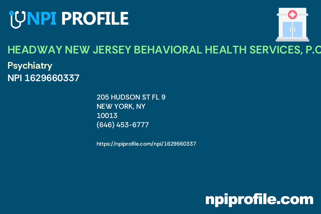 HEADWAY NEW JERSEY BEHAVIORAL HEALTH SERVICES PC, NPI 1629660337