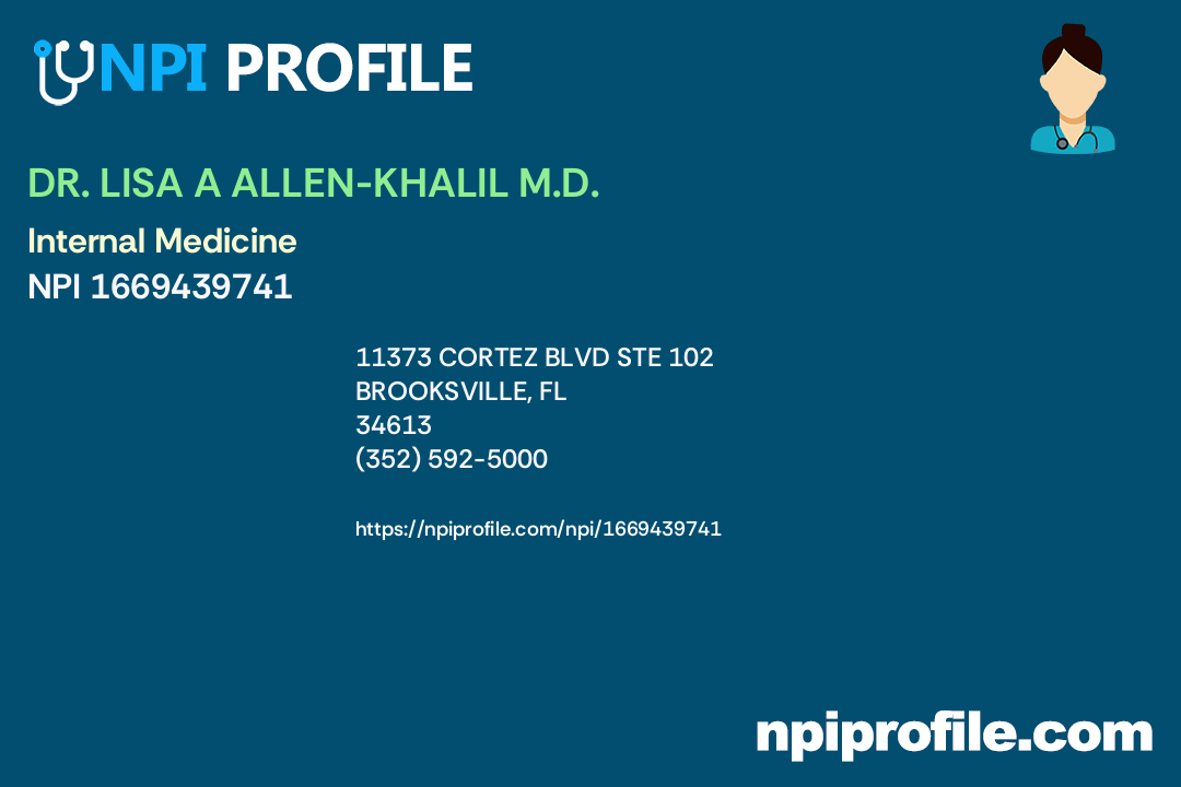 DR. LISA A ALLENKHALIL M.D., NPI 1669439741 Internal Medicine in