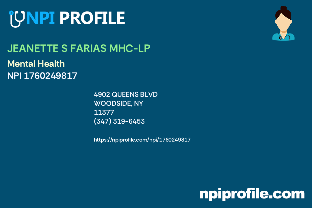 S FARIAS MHCLP, NPI 1760249817 Counselor in Woodside, NY