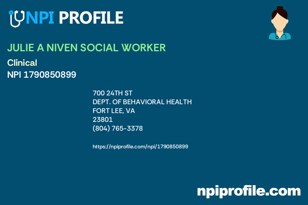 JULIE A NIVEN SOCIAL WORKER, NPI 1790850899 Social Worker in Fort Lee, VA
