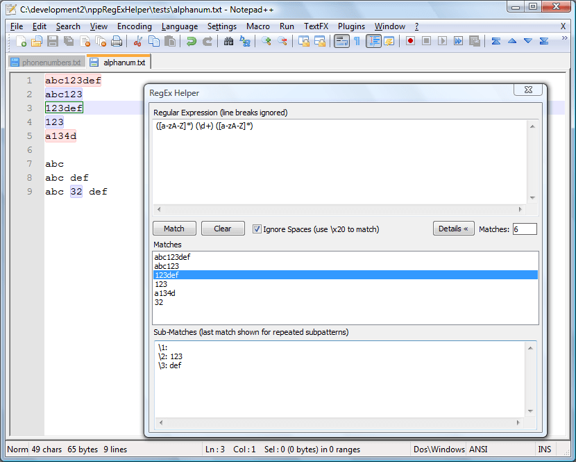 RegEx Helper Notepad++ plugin for testing and editing regular expressions