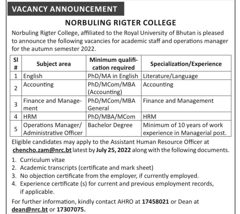Academic and Administrative post vacancy Norbuling Rigter College