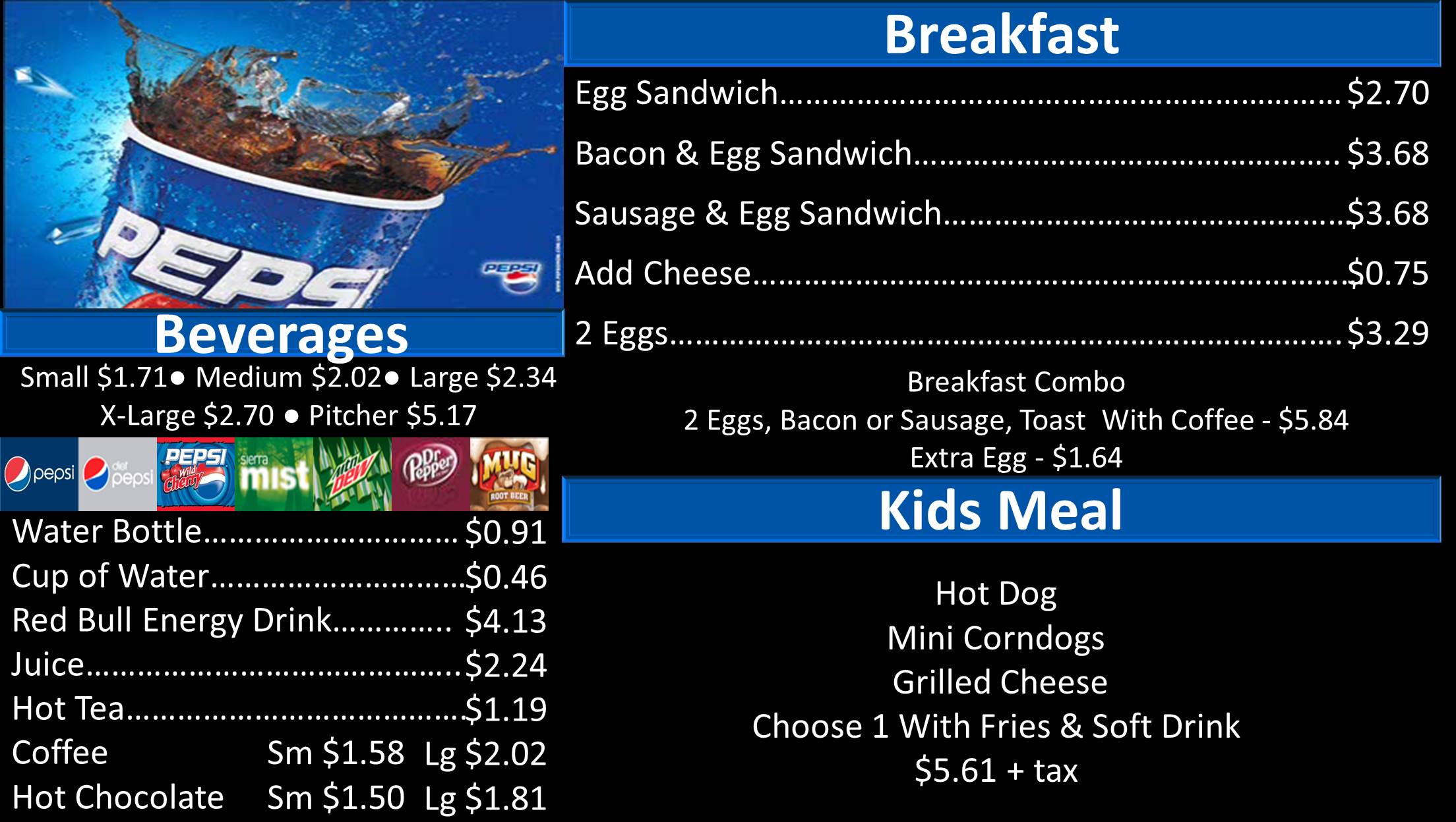 SNACK BAR MENU