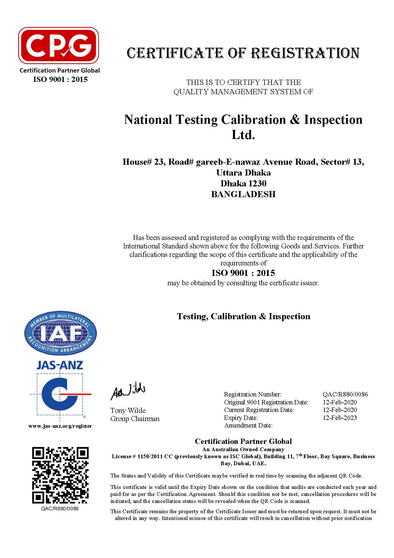 CERTIFICATE National Testing Calibration & Inspection Ltd.