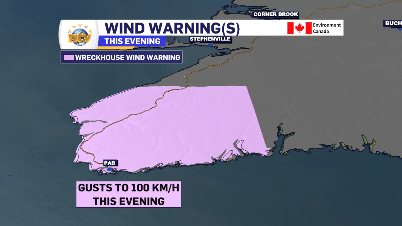 Wind Warning issued for the Wreckhouse Area; gusts to 100 km/h expected