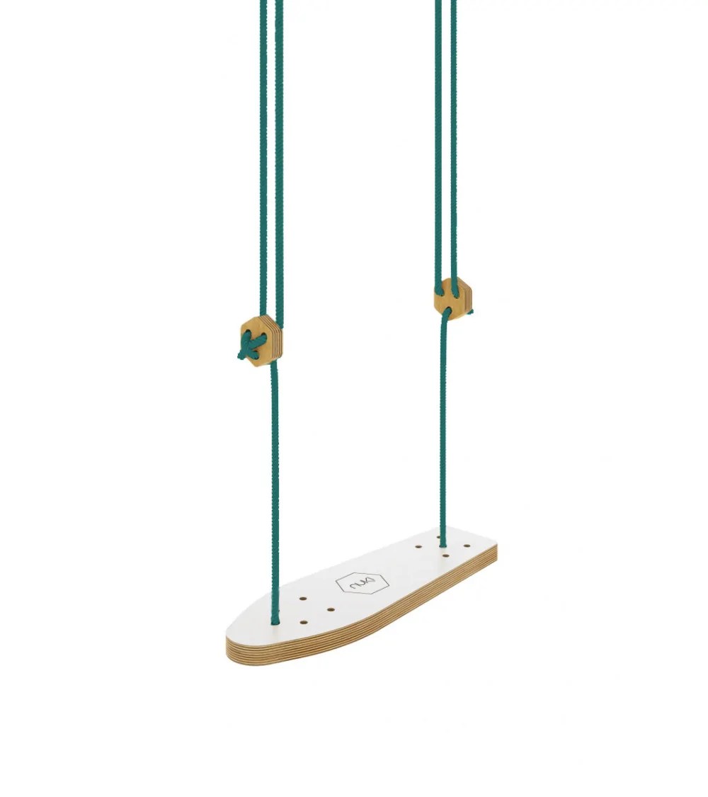 Natural wooden swing for kids in the shape of a Skateboard