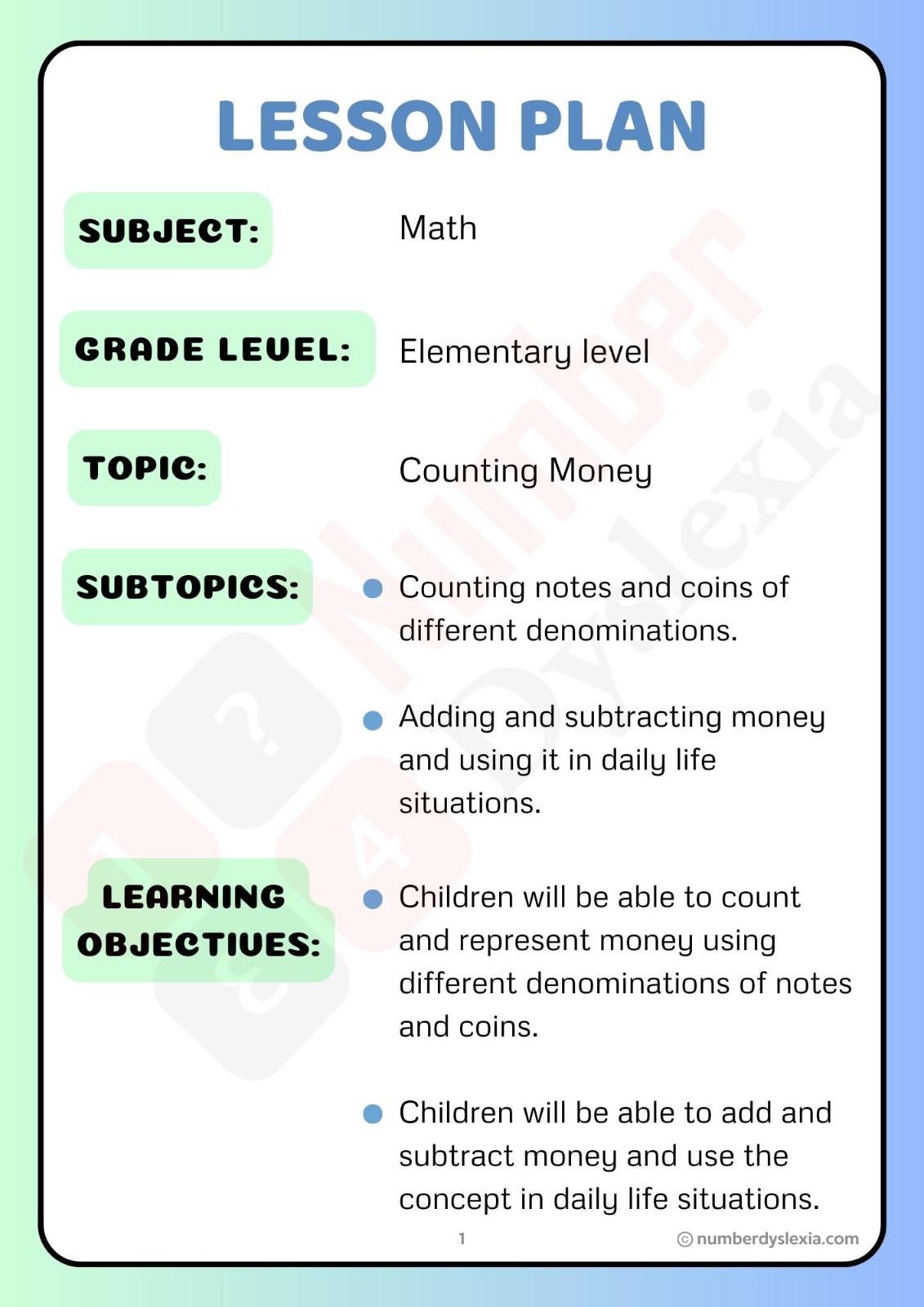 Printable Counting Money Lesson Plan [PDF Included] - Number Dyslexia