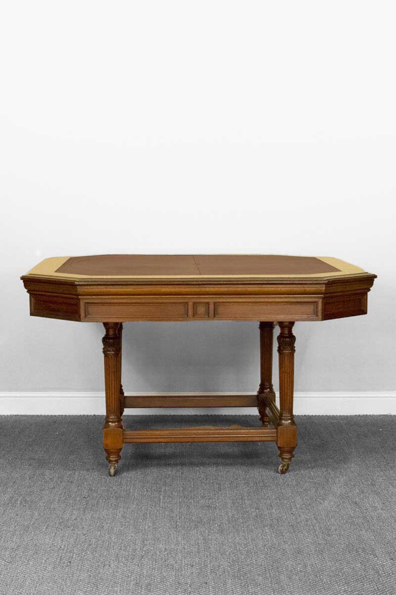 Large Library Table with Faceted Corners and Inset Burgundy Tooled