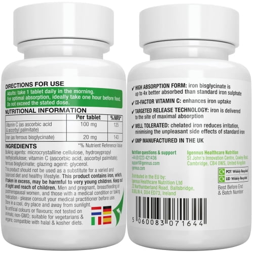 Iron Bisglycinate 20mg with Vitamin C, High Absorption & Gentle Iron